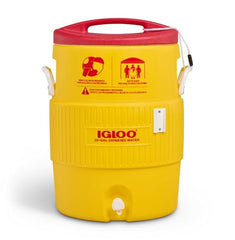 Igloo cooler with red lid for quick identification and access