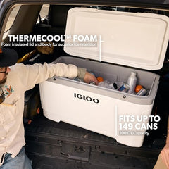 Igloo Latitude Marine Cooler side view highlights spacious interior for beverages and food on adventures.