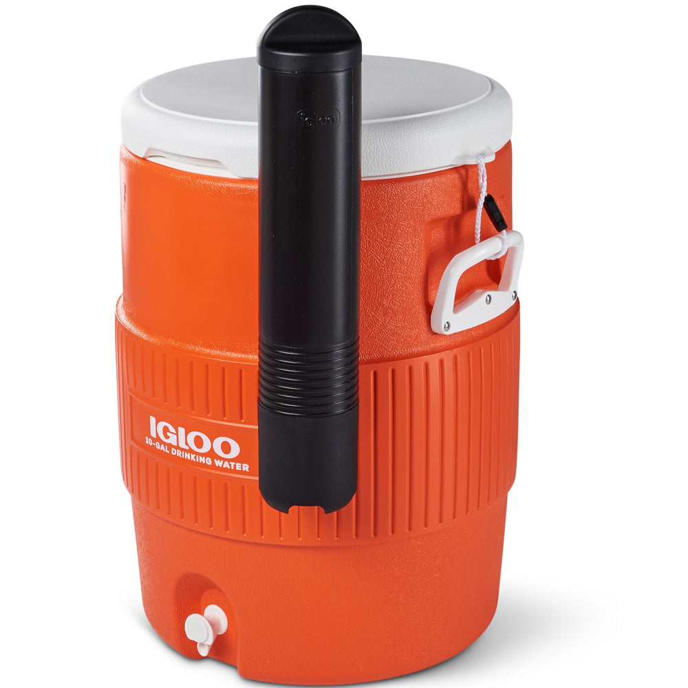 Igloo 10 Gal portable cooler with flat seat lid for seating and secure transport.