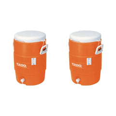 Igloo 5-gallon cooler with orange seat lid and drip catcher for tidy outdoor events