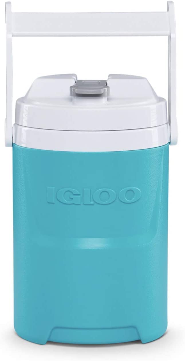 Igloo Aquamarine half-gallon jug with hooks for easy hanging during sports.