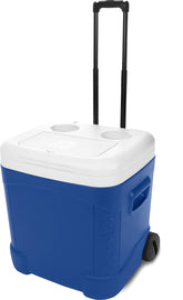 Igloo Ice Cube Wheeled Roller Cooler side view with wheels for effortless transport.