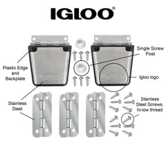 IGLOO latch posts attachment studs detail on cooler, supporting secure one-screw latch integration.