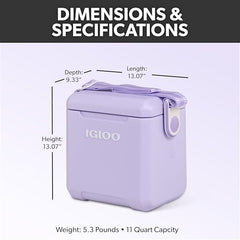 Igloo Lilac Breeze 11 Qt side with strap; hands-free transport on outings.