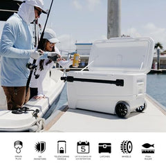 Igloo MaxCold Glide 110qt cooler with horizontal telescoping handle reduces lifting effort.