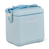 Igloo Tag-Along Too Strapped cooler in powder blue front view, ideal for picnics.