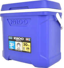 Igloo Profile II 30 Qt Bail cooler blue front view emphasizes portability for outings