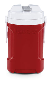 Igloo red half-gallon sports jug with hooks and lid open for easy access during workouts.