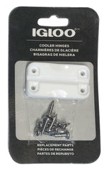 White plastic hinge from Igloo with UV inhibitors for sun protection.