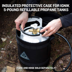 Ignik gas growler carry case side view with MOLLE straps for easy gear attachment