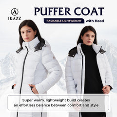 IKAZZ white hooded long coat close-up of detachable hood and zipper for versatile warmth