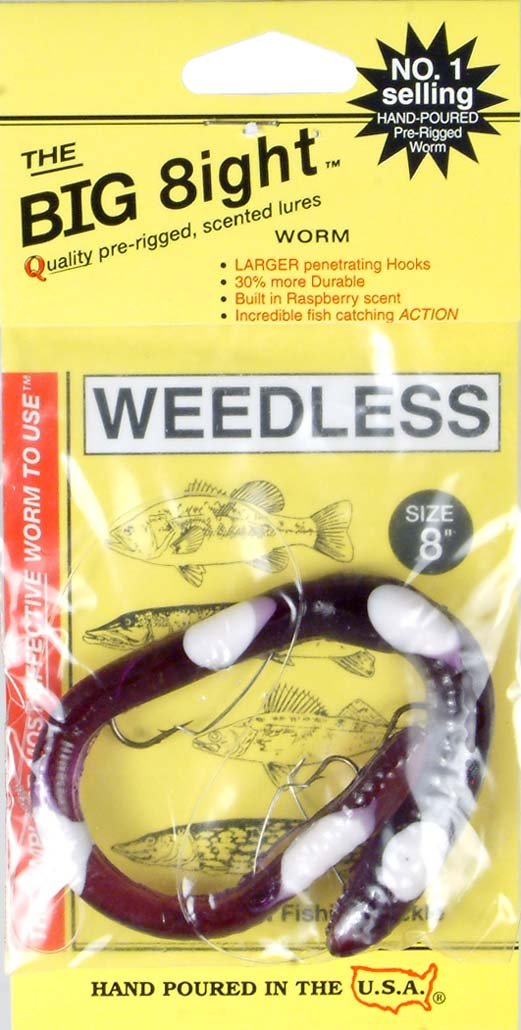Ike-Con Big 8ight weedless worm lure, grape/white tail, ideal for bass and walleye in cover.