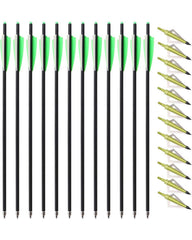 TOPARCHERY 12x 20-Inch Carbon Crossbow Arrows with 4-Inch Vanes + 12x 100-Grain 3-Blade Broadheads (Green Tips)