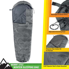 wakeman mummy sleeping bag black hood drawn for snug head warmth