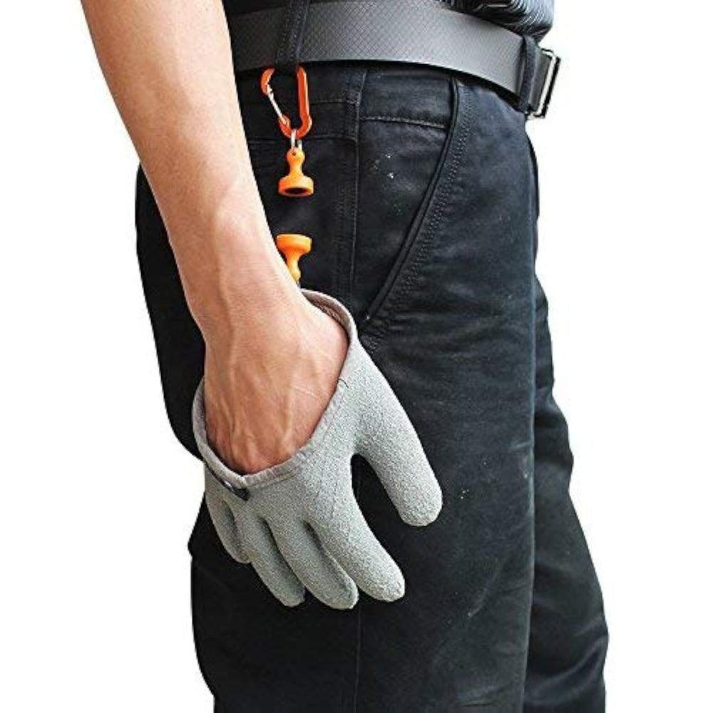 Inf-way fishing glove with magnet release, side view for quick access.