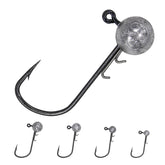 INFISHCEO 50-piece double barb jig heads set displaying 1/28 oz size in a tackle box