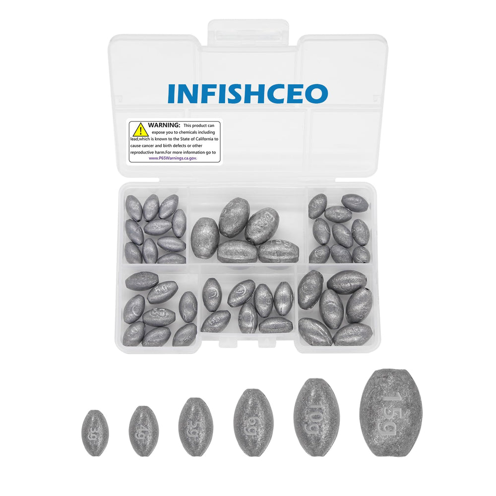 INFISHCEO 45-piece fishing weights set in a reusable tackle box