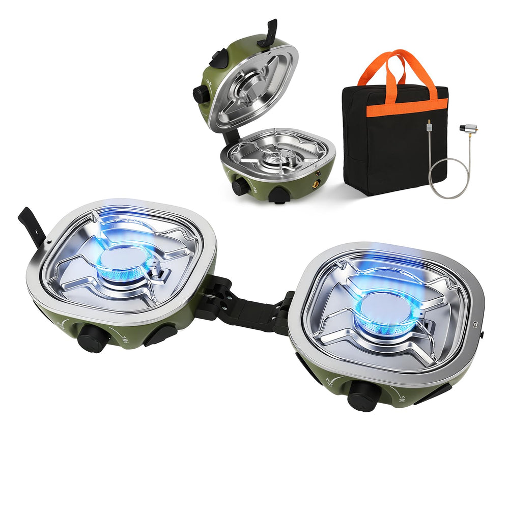 INFOOD propane camping stove folded-compact design for easy transport and space-saving camp cooking.
