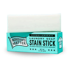 Ingredients Matter Stain Stick packaging in a cardboard box highlights plastic-free design