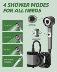INSSISAIN four-spray mode shower head demonstrates versatile flow for camping and pet washing.