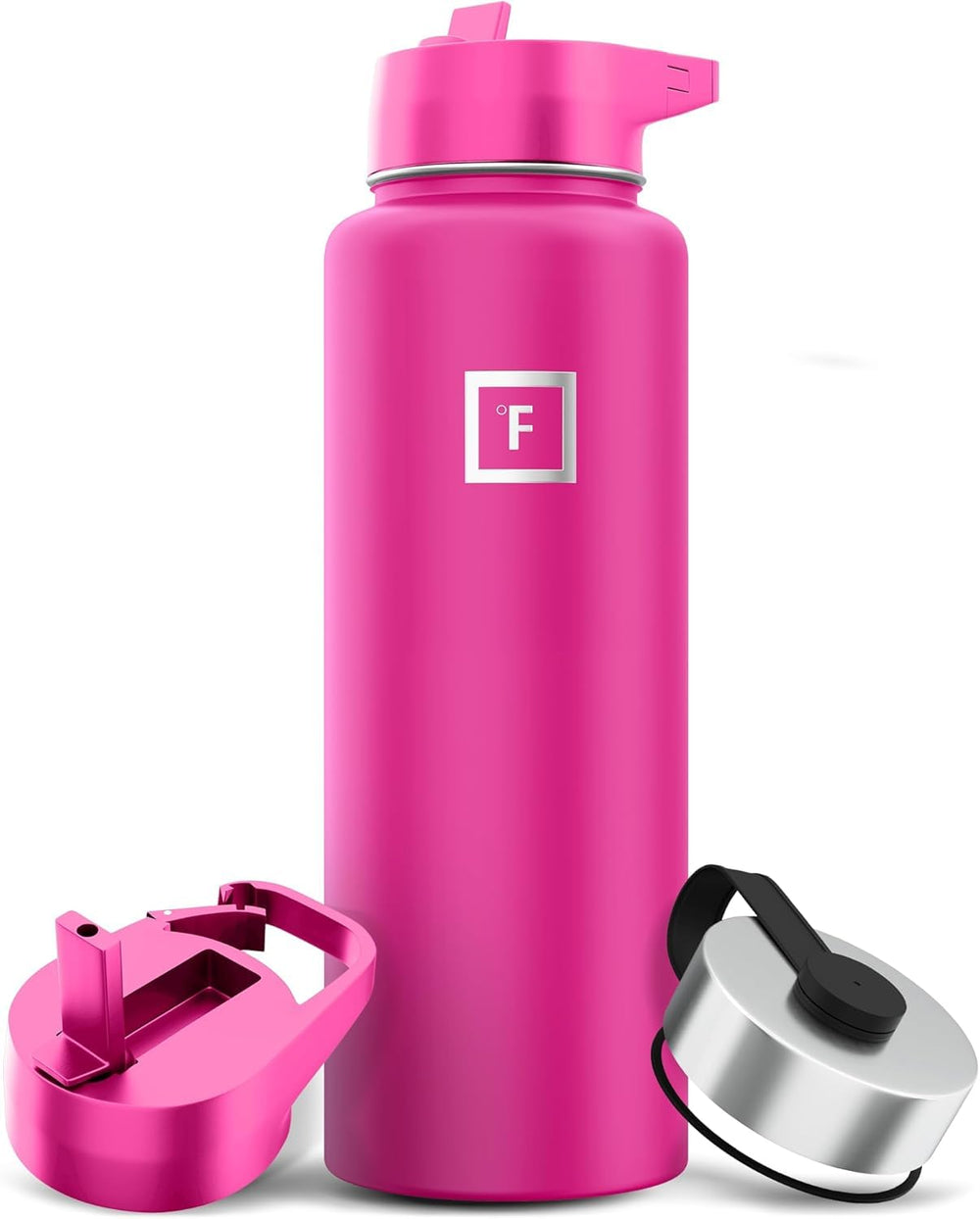 IRON °FLASK 40oz pink-tulip camping bottle ready for rugged outdoor adventures.
