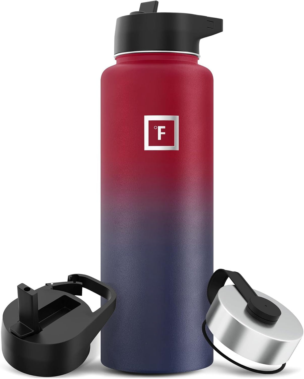 IRON °FLASK camping hydration bottle in dark rainbow front view highlighting durable build for outdoor adventures.