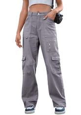 IVIR high-waisted cargo pants in grey show a clean front view with multiple pockets for daily practicality.