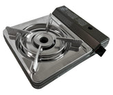 The Iwatani Cassette Feu stove front view highlights compact portability for camping meals.