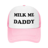 IWDASANSJ Milk Me Daddy Hat front view in pink, classic unisex trucker style for outdoor wear.