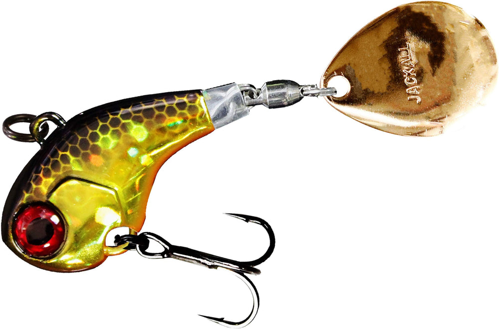 Jackall Deracoup Tall Spin Jig 3/4 oz in gold and black offers long casts and enticing wobble