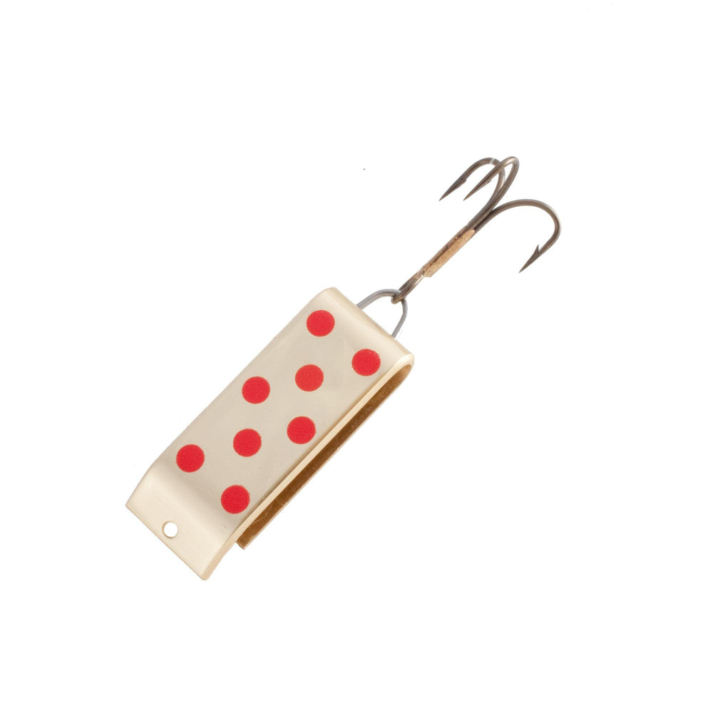 Jake's Lures Spin quarter-oz gold-red lure, front view, optimized for longer casts.