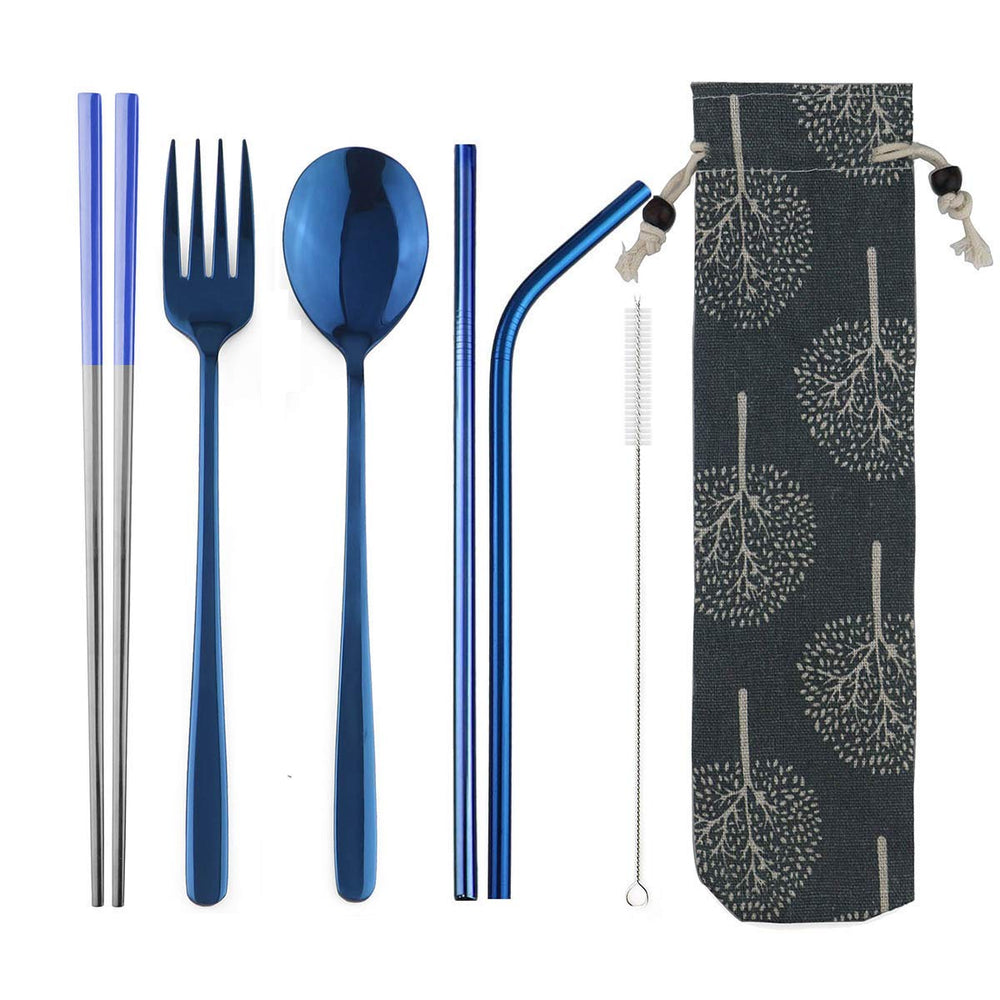 JANKNG mirror blue flatware set with 7 pieces, durable for camping and travel