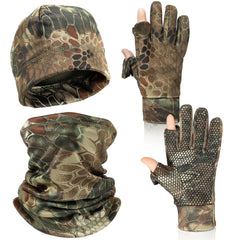 Janmercy camouflage hunting gloves beanie scarf set on display for all-season warmth