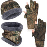 Janmercy hunting gloves in camo with warm plush lining for cold weather concealment.