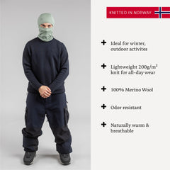 Janus Wool Kleveland balaclava worn on face for versatile cold protection.