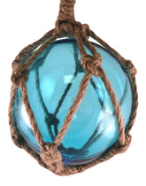 Light blue Japanese glass fishing float buoy with natural jute rope, 5 inch diameter