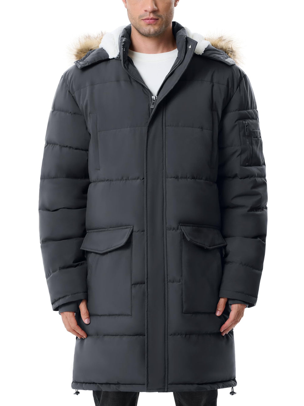 JAWERU men's extra-long fleece puffer jacket front view in gray, offering warmth and weather resistance.