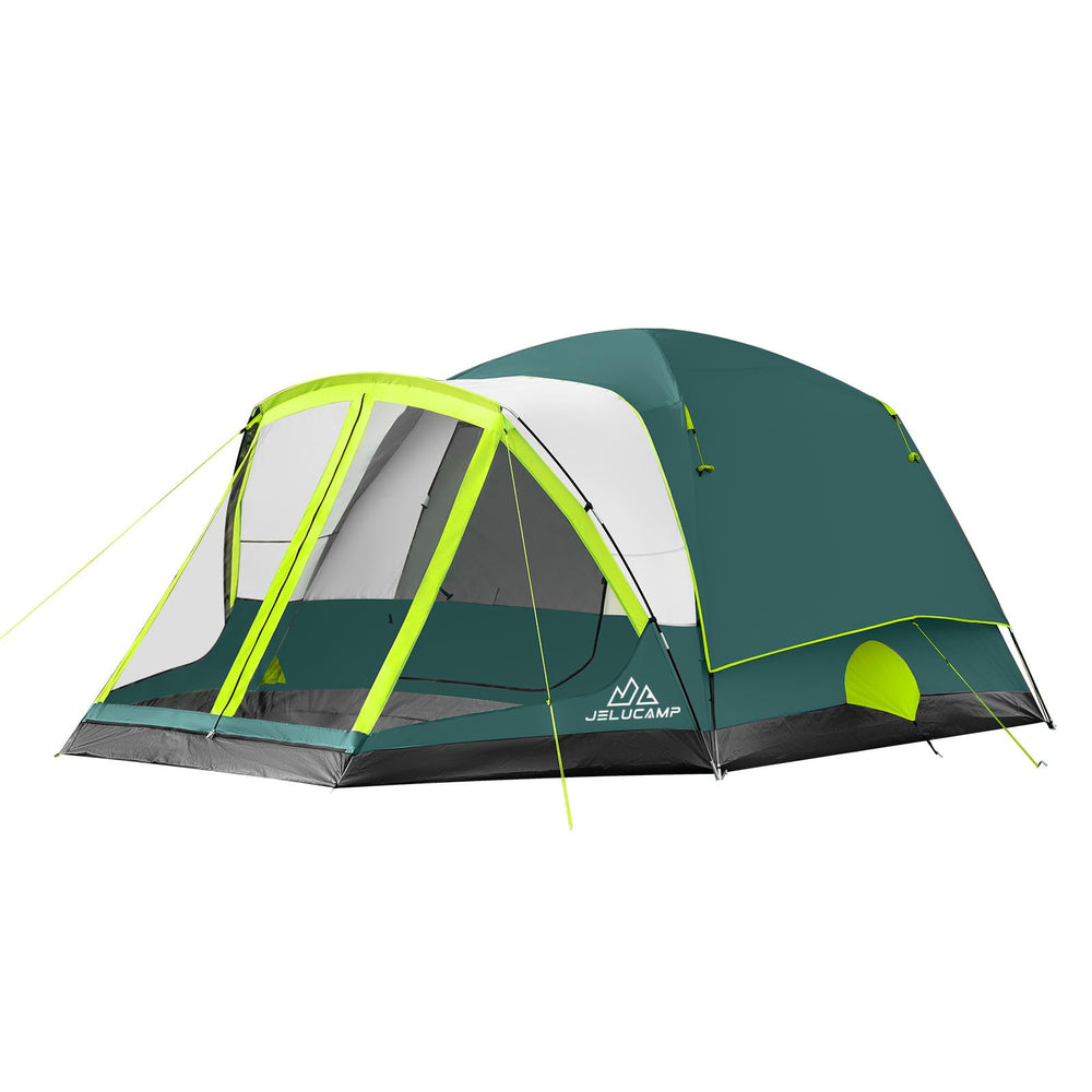 JELUCAMP 6/8-person tent exterior in dark green, spacious family camping setup.