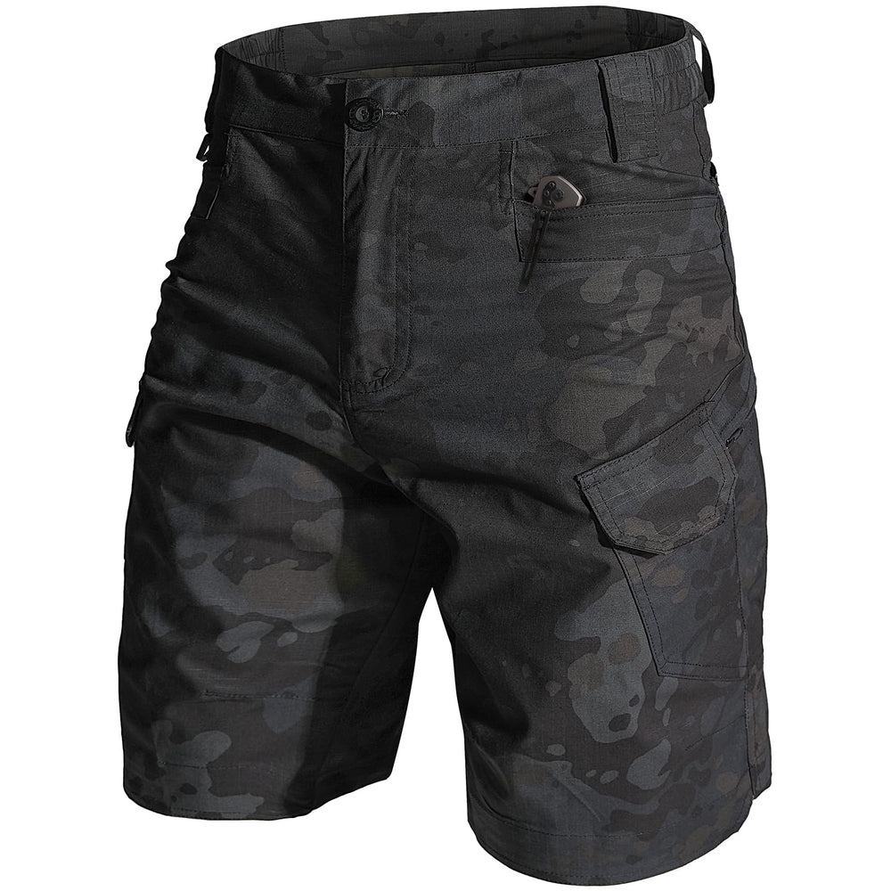 Jessie Kidden men's tactical stretch shorts front view show durable rip-stop fabric for rugged outdoor wear.
