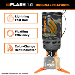 Jetboil Flash 1L boils 16 oz water in about two minutes for quick meals.