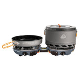 Jetboil Genesis dual-burner stove set up for fast backcountry meals.