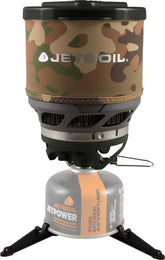 Jetboil MiniMo stove side view highlighting compact setup for quick backpacking meals.