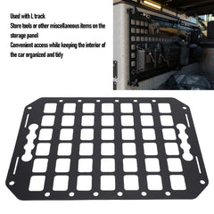 Jiawu MOLLE panel demonstrates L-track compatibility for secure storage.