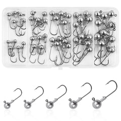 Unpainted round-ball jig heads in a storage box