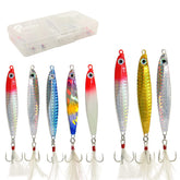 Eight-pack jigging spoon set inside a plastic box