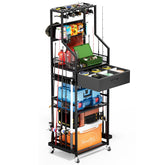 Front view of JIRTEMOT 4-tier fishing rod holder organizer in a garage