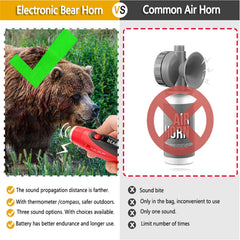 JIUSAIRUI 120dB bear horn showing three sound options for wildlife deterrence.