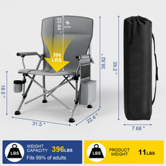 JKLESA XL camping chair side view highlights padded 2-inch cushion and comfort-fit seating.