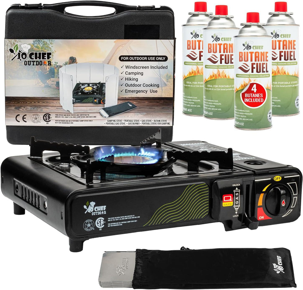 Jo Chef butane camping stove with windshield provides a steady flame outdoors.