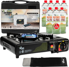 Jo Chef camping stove with windshield maintains steady flame in windy conditions
